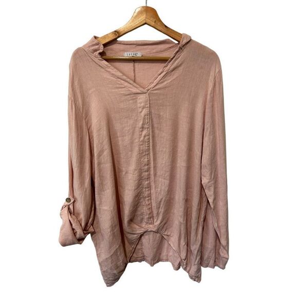 Saga Blush Pink 100% linen Italy Asymmetrical V-Neck Adjustable Cuff Blouse Size - Picture 9 of 16